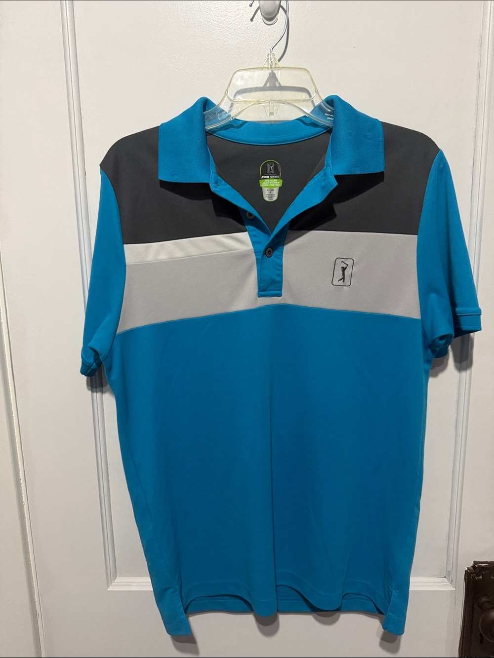 PGA Tour Men's Blue Teal Polo with Gray and Black Panels